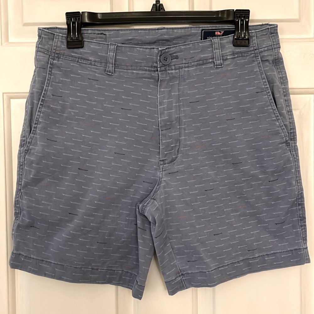 Men’s light denim shorts with longboard print from Vineyard Vines.